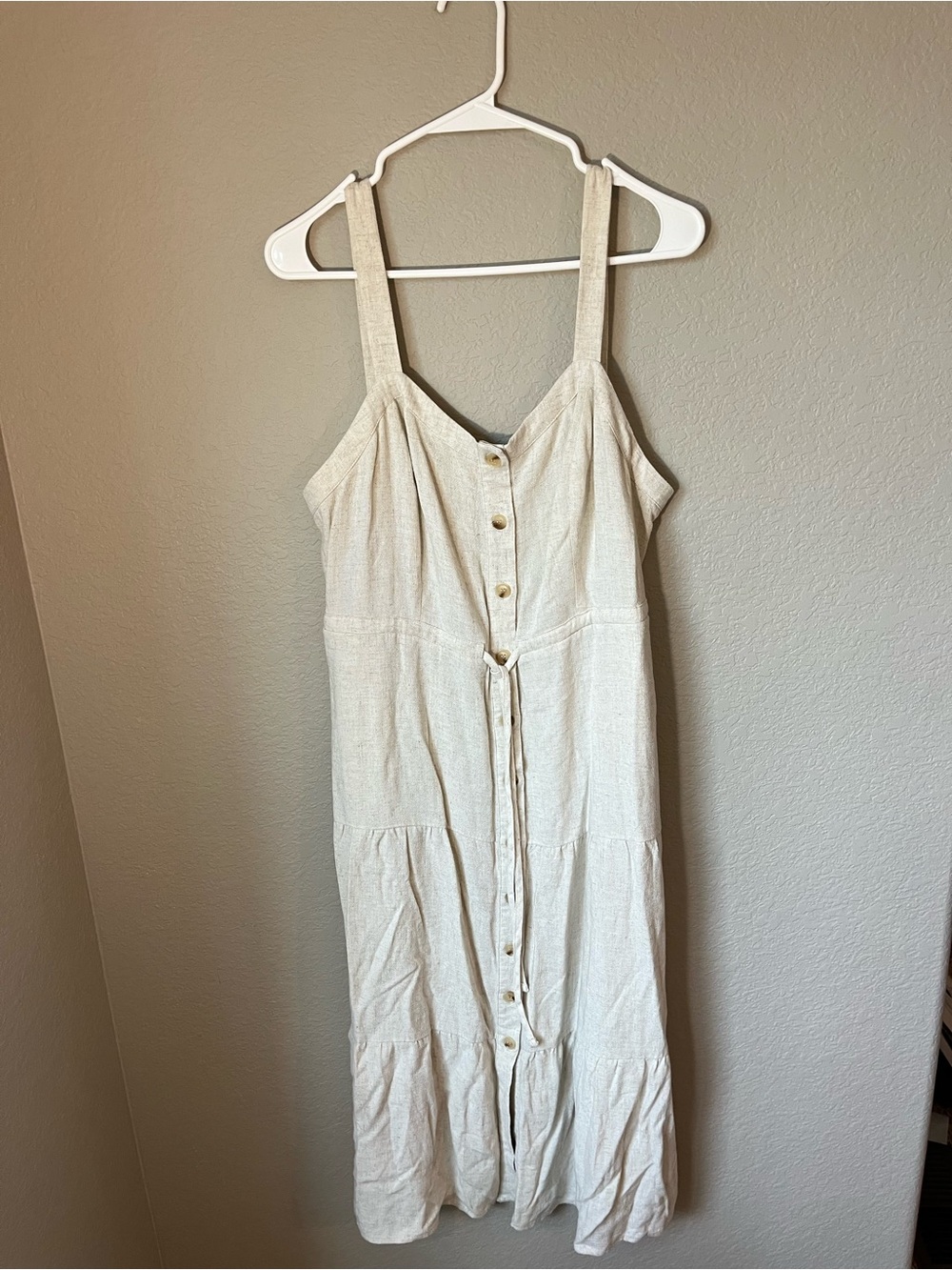 Lucky Brand PXL Linen Blend Button Front Tiered Maxi Dress Cream Boho coastal